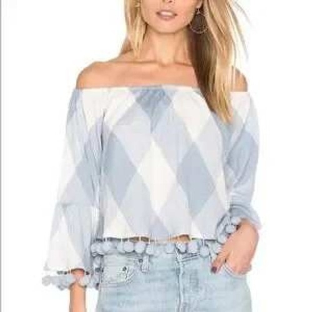Tularosa Off Shoulder Blouse L Blue Gingham Pom Pom Bell Sleeve Boho NWT